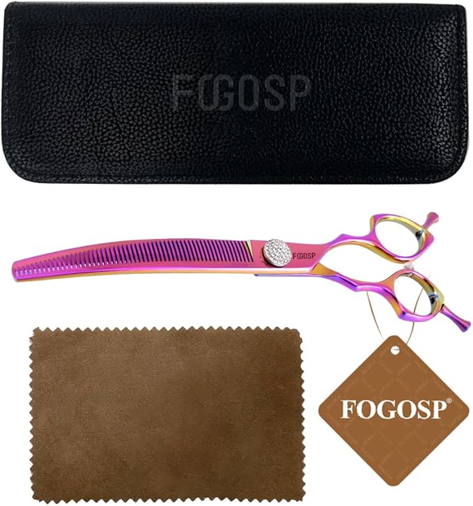 Professional Curved Thinning Shears Dog Grooming Scissors 7.5'' Rainbow Curved Thinner Scissors for Grooming Large Dogs Pet 56 Teeth Japan 440C(Curved Thinner,Rose Red)