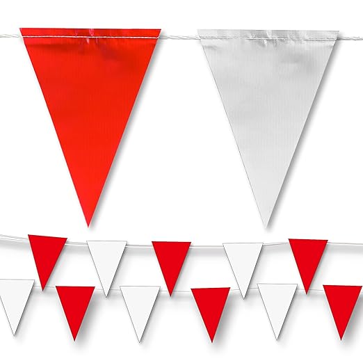 Pennant Banner Flags | OSHA 500lb Rated | Strand Fade Resistant (Red & White,102FT)