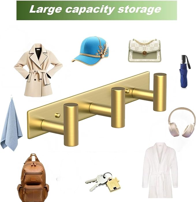 VINHOLD Wall Mounted Coat Rack-3 Hooks, Heavy Duty Stainless Steel Wall Hooks for Towel Coat Bag, Hat Rack Coat Hanger Coat Hooks Towel Racks for Bathroom Entryway Kitchen Hotel Office (Gold,1 Pack)