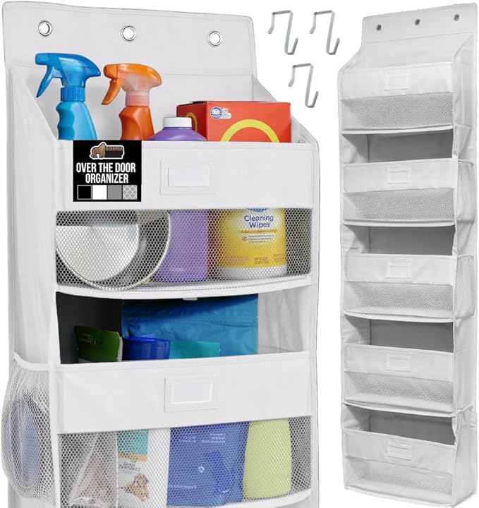 GORILLA GRIP Large Capacity Closet Organizer, 5 Deep Shelves, Holds 50lbs, Over the Door Organizers 6 Mesh Pockets, Shelf Storage for Clothes Crafts Dorm Essentials, 3 Metal Hooks, 58x15 Inches, White