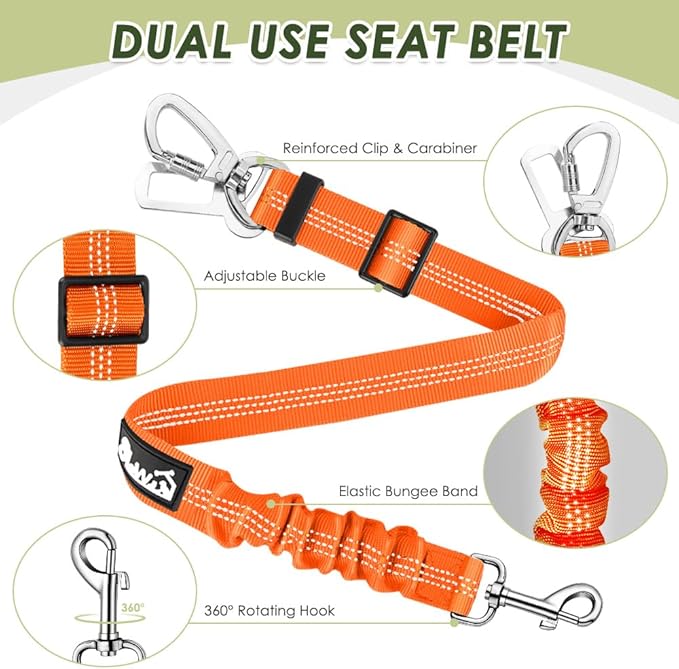 Lukovee Dog Seat Belt for Car, Adjustable Dog Car Harness for Large Medium Small Dogs, Soft Padded & Breathable Mesh Dog Seatbelt with Car Vehicle Connector Strap (Orange Double Clip,Medium)