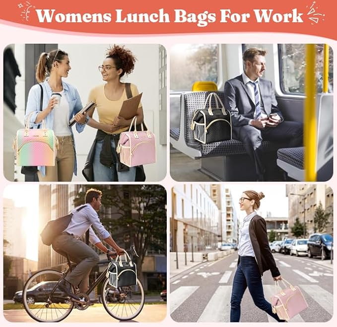 Lunch Bag Women Insulated Lunch Box Wide-Open Lunch Tote Bag Large Drinks Holder Durable Nylon Thermal Snacks Organizer for Men Adults Work Picnic Hiking Beach Fishing, Black Wavy