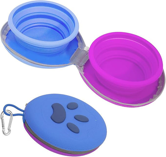 Collapsible Dog Bowls, 2-in-1 Silicone Pet Food and Water Bowl with Carabiner, Portable Double Compartment Dish for Travel, Camping, Hiking Puppy Essentials (Purple Blue)