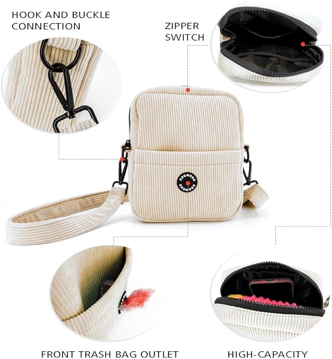 COOWONE Velvet Dog Training Pouch | Large Capacity Pet Treat & Toy Bag with Built-in Poop Bag Dispenser (Beige-white)