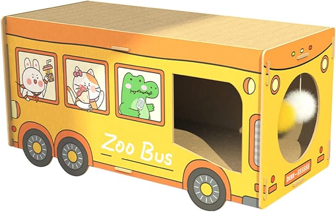 SHENGOCASE Wooden Jumbo 26.4" x 11.8" Extra Large Bus Shaped Cat Scratcher House for Maine Coon, Cardboard Cat House with Scratching Pad