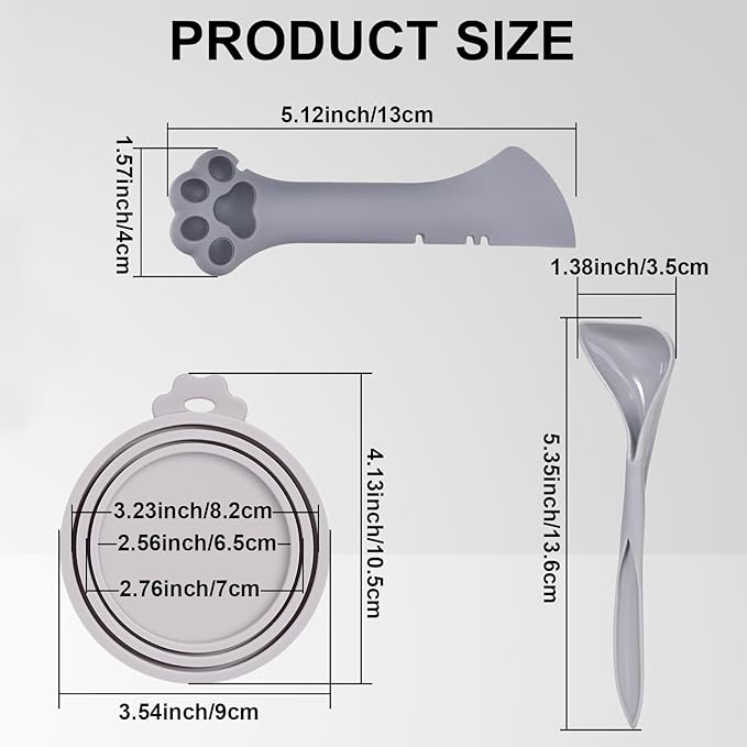 mwellewm 3Pcs Pet Food Can Supplies Set Universal Silicone Can Covers Cat Can Lids Multifunctional Mini Spatula Pet Can Opener and Dog Spoons for Pets Dogs Cats Feeding Can (Grey)