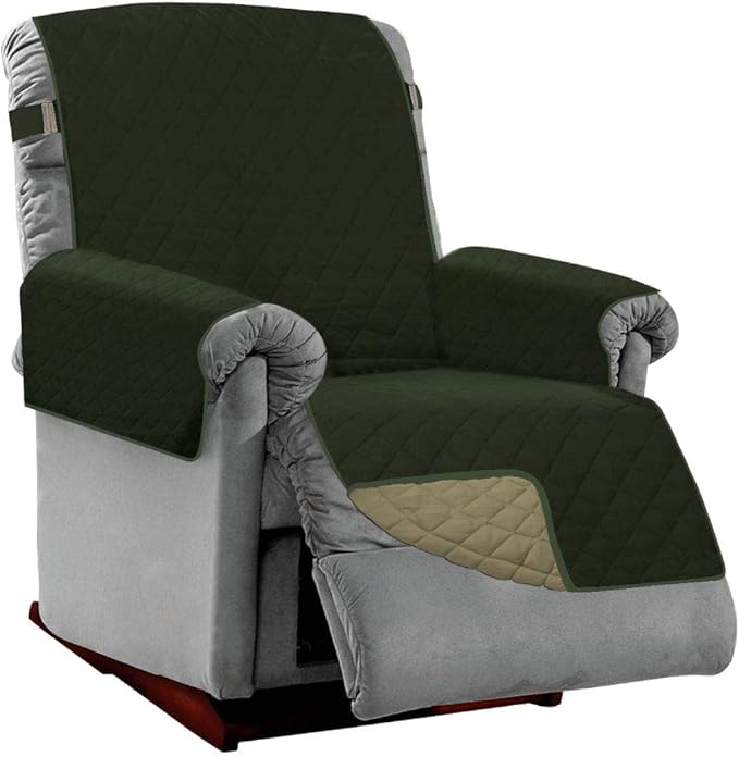 Sofa Shield Recliner Slip Cover with Patented Strap, Cushion Protector, US Designed Reversible Stain and Dog Tear Resistant Slipcover, 28 inch Seat, Washable Covers for Dogs Pets, Hunter Green Sage