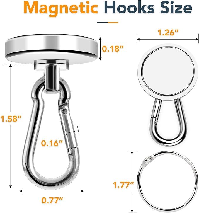 MIKEDE Magnetic Hooks Heavy Duty, 110LBS+ Strong Neodymium Magnets with Swivel Carabiner Hook, Magnets with Hooks Magnetic Hangers for Locker, Kitchen, Cruise Cabin, Office - 10 Pack