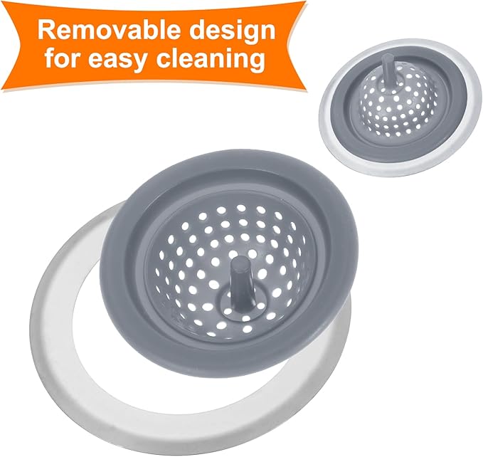 uxcell Silicone Sink Strainer, 2Pcs Kitchen Sink Drain Strainer Stopper with Detachable Stainless Steel Edge 4.4" Diameter Rim, Grey