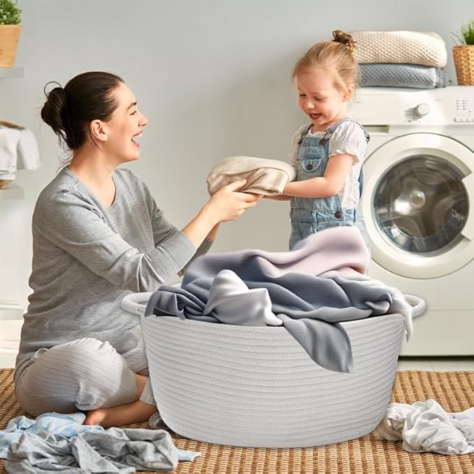 Large Cotton Rope Storage Basket with Handles, Hamper, Laundry Basket, 20 "L x 14" W x 12 "H, Home Decor to Storage Blanket &Toy, etc .(White)