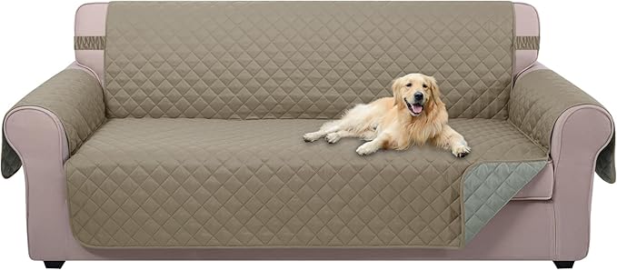 U-NICE HOME 4 Seater Sofa Cover 91 Inch Large Couch Covers for 4 Cushion Couch with Elastic Straps Water Resistant Furniture Protector for Pets (Sofa XX-Large, Khaki/Light Grey)