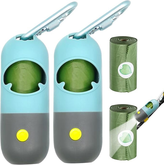Morn Light 2 Pack Poop Bag Holder with Flashlight Waste Bag Dispenser for Leash with Clip and Battery Poop Bag Dispenser with Green Scented Poop Bags for Dog Walking(Blue,2 Dispenser 60 Bags)
