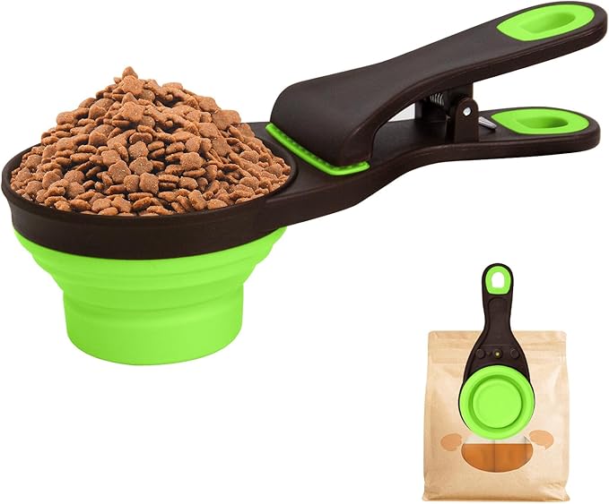 PNEUICALLY Collapsible Silicone Dog Food Scoop Foldable Pet Food Measuring Cup with Bag Clip 3 in 1 Multi-Function Silicone Dog Food Scooper (Green, Small)