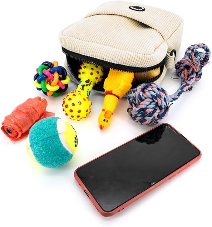 COOWONE Velvet Dog Training Pouch | Large Capacity Pet Treat & Toy Bag with Built-in Poop Bag Dispenser (Beige-white)