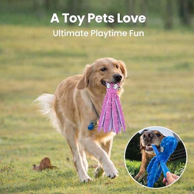 Octopus Dog Toys (2 Pack) – Squeaky & Crinkle No-Stuffing Plush Chew Toys for Puppies and Dogs, Durable Teething Toy for Small, Medium & Large Breeds, Soft Tug & Fetch Dog Toy