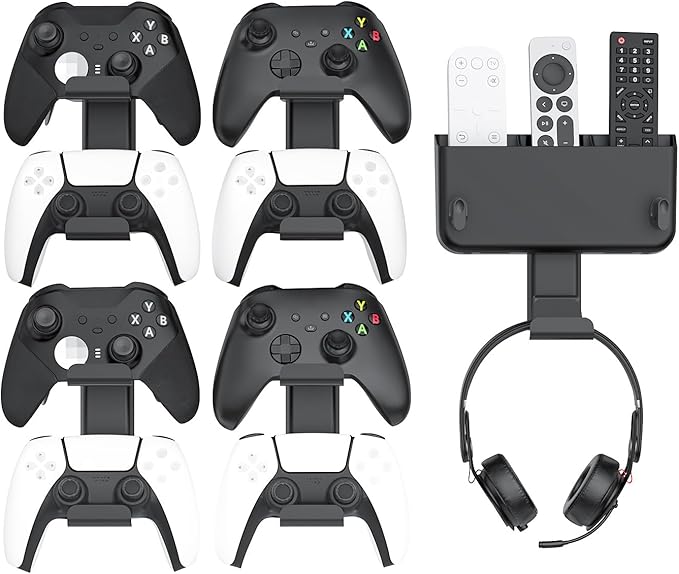 Controller & Headset & Remote Holder Wall Mount with No Drill, 4 Packs Gaming 8 Controllers Hanger Hook Mount for PS5/PS4/XBOX/Switch, Headphone Stand & Remote Control Holer Wall Shelf with Adhesives