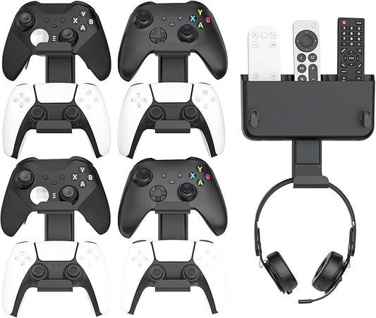 Controller & Headset & Remote Holder Wall Mount with No Drill, 4 Packs Gaming 8 Controllers Hanger Hook Mount for PS5/PS4/XBOX/Switch, Headphone Stand & Remote Control Holer Wall Shelf with Adhesives