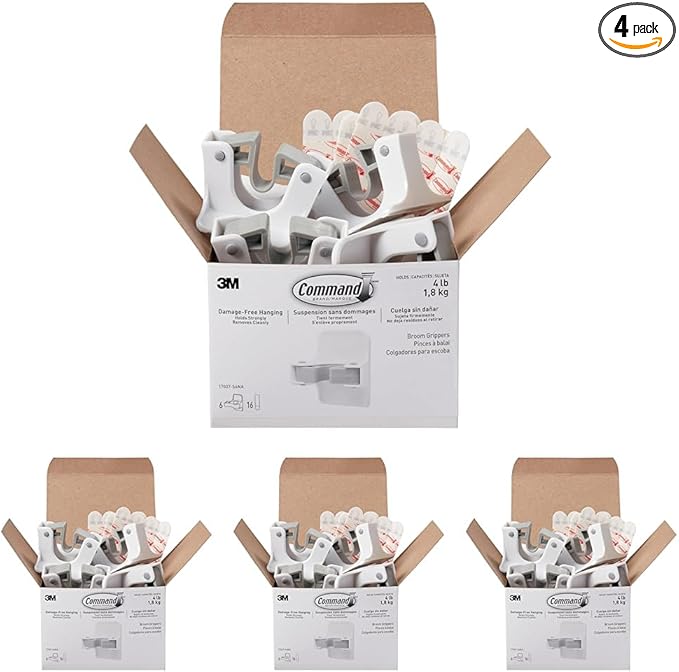 Command Broom and Mop Grippers Wall Hook, Damage Free Hanging Wall Mount Broom and Mop Holder, No Tools Household Cleaning Organizer for Living Spaces, 6 Hangers and 16 Strips (Pack of 4)