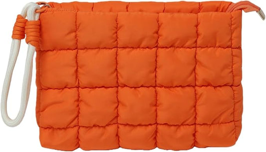 Puffy Quilted Makeup Bag Cosmetic Bag Equipped with a Detachable Handle Cute Zipper Pouch for Storage Clutch for Women(Orange)