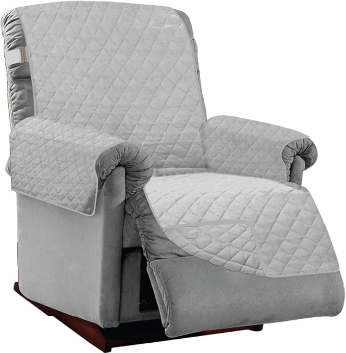 Sofa Shield Recliner Slip Cover with Patented Strap, Cushion Protector, US Designed Reversible Stain and Dog Tear Resistant Slipcover, 28 inch Seat, Washable Covers for Dogs Pets, Light Gray