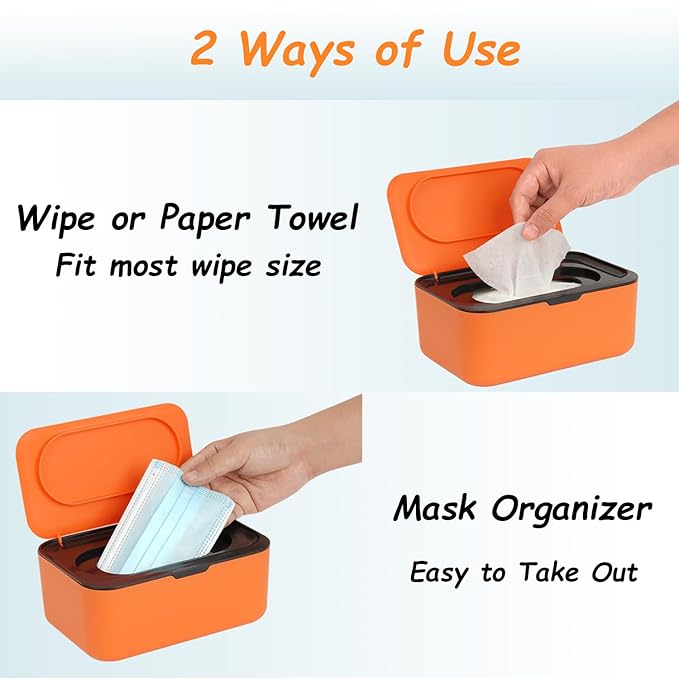 Wipes Dispenser, Wipe Holder for Baby & Adult, Seposeve Refillable Wipe Container, Keeps Wipes Fresh, One-Handed Operation. Non-Slip, Easy Open/Close Wipes Pouch Case, Orange