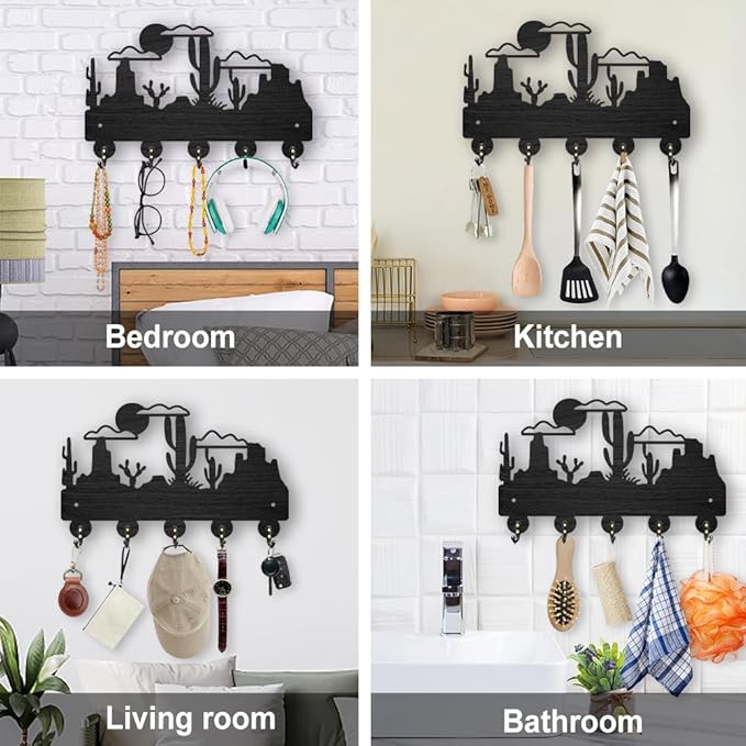 MAYJOYDIY Cactus Desert Coat Rack Wall Mount Wood Desert Landscape Key Holder for Wall 11.8×7.3inch 5 Alloy Hooks Wall Art Decor Black Key Rack Organizer for Gift Entryway Hallway Kitchen Room