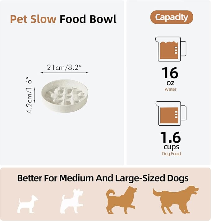 Ceramic 1.6 Cup Dog Bowl Slow Feeder for Fast Eaters, 8.2inch Slow Pet Food Dish for Medium and Large Dog, Stop Bloat, Preventing Choking(Single Bowl, Vanilla White)