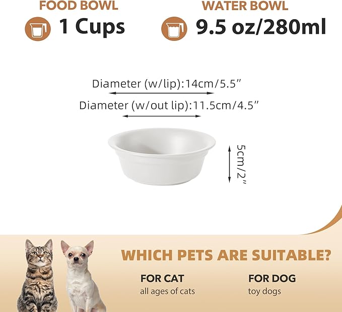 Ceramic 5.5inch Set of 2 Dog and Cat Bowls, 2pcs Basic 1 Cup Food or 9.5 oz Water Dishes for Puppy, Kitty, Wide Opening Rounded Edge (2 Bowls, Matt White)