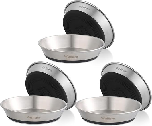 Wellbro Cat Bowls, 6 Pcs Stainless Steel Bowls for Food and Water, Whisker Fatigue Shallow Non-Slip Cat Dishes Plates for Small Dog Puppies Cats