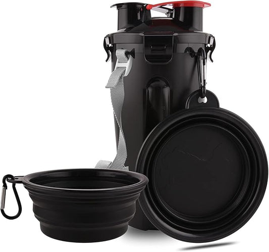 Dog Travel Water Bottle Collapsible Bowls, 2 in 1 Pet Food Container with Collapse Bowls, Outdoor Portable Water Bowls for Walking, Traveling, Camping and Hiking (Black)
