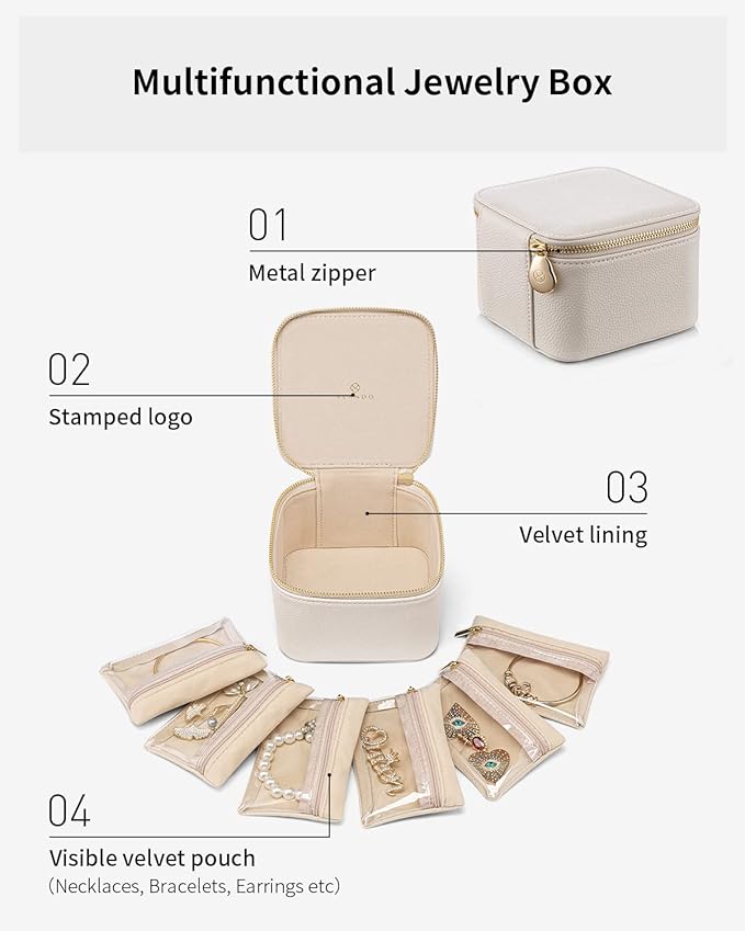 Vlando Jewelry Travel Case,Travel Jewelry Organizer with Clear Velvet Jewelry Bags 6Pcs Zipper Pouch for Women Girl Birthday Gift-White