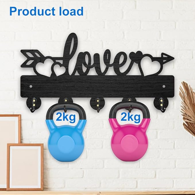 MAYJOYDIY Wood Love Heart Coat Hooks Wall Mount Love Arrow Key Holder for Wall 11.8×6inch Black Wall Art Decor Key Hooks 5 Alloy Hooks for Gift Entryway Living Room Kitchen Office