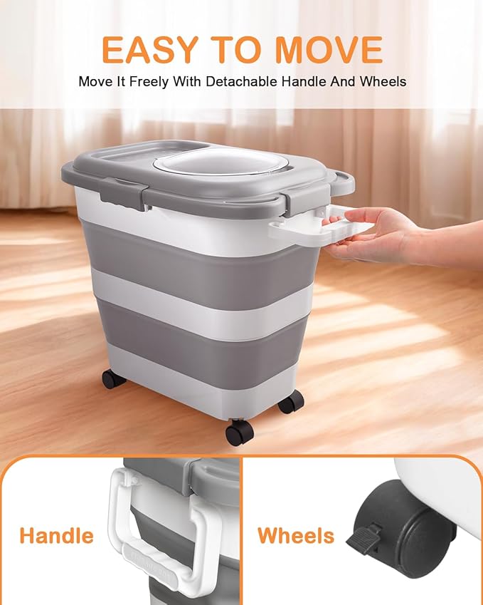 DDMOMMY 25-28 Lbs Dog Food Storage Container with Handle, Collapsible Dog Food Container with Airtight Lids, Wheels, Large Pet food storage Container for Dog Cat,Dog Food Scoop,Small Container