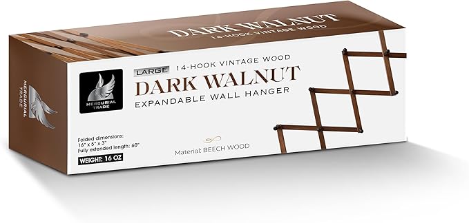 Mercurial Trade Expandable Wooden Coat Rack Hanger – Accordion Wall Mounted Pine Wood Hooks – Hand Made Vintage Expending Pegs – Hang Coat, Jacket, Hat, Leash, Towel, Mug, Bag – 14 Hook Dark Walnut
