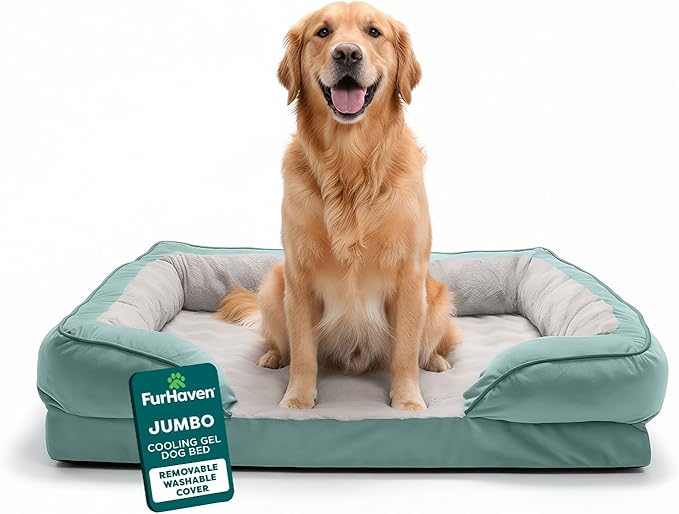 Furhaven Cooling Gel Dog Bed for Large Dogs w/ Removable Bolsters & Washable Cover, For Dogs Up to 95 lbs - Plush & Velvet Waves Perfect Comfort Sofa - Celadon Green, Jumbo/XL, 40.0" x 32.0"x 9.5"
