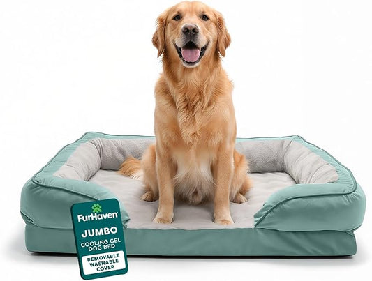 Furhaven Cooling Gel Dog Bed for Large Dogs w/ Removable Bolsters & Washable Cover, For Dogs Up to 95 lbs - Plush & Velvet Waves Perfect Comfort Sofa - Celadon Green, Jumbo/XL, 40.0" x 32.0"x 9.5"