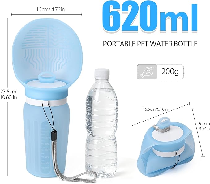 Portable Dog Water Bottle, Leak Proof Collapsible Water Bottles Lightweight Dog Water Bottle Suitable for Pets Outdoor Walking, Hiking, Travel, Camping (Light Blue, 20.9, Ounces)