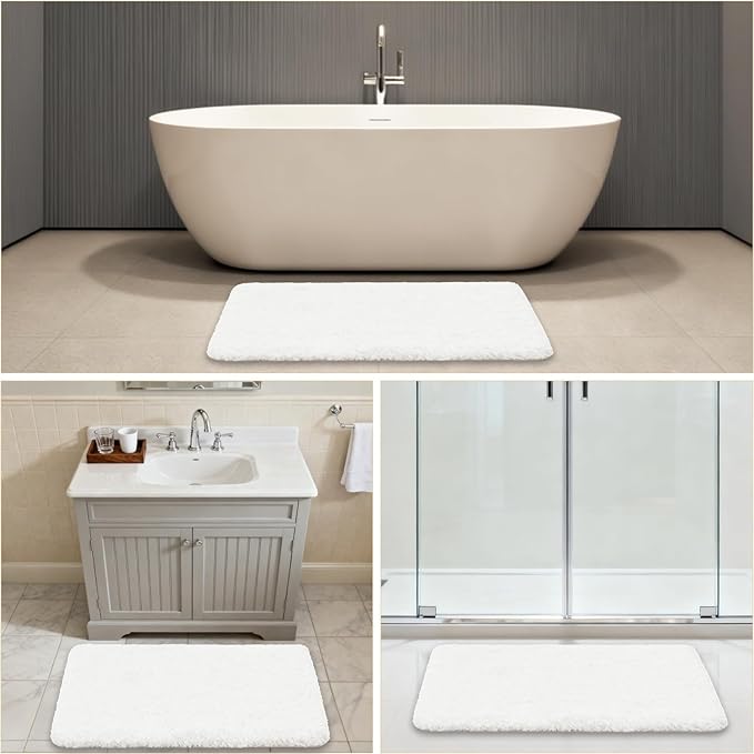 White Bathroom Rugs 24"x40" – Large Plush Microfiber Bath Mat, Soft Non Slip Floor Mat, Absorbent and Washable Rug – Perfect for Bathroom or Bedroom Use