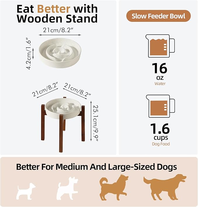 Ceramic 1.6 Cup Raised Slow Feeder Dog Bowl Set, Elevated Acacia Wood Stand for Medium and Large Dog, 8.2inch Slow Dish, Stop Bloat(Single Bowl+ Stand, Vanilla White)