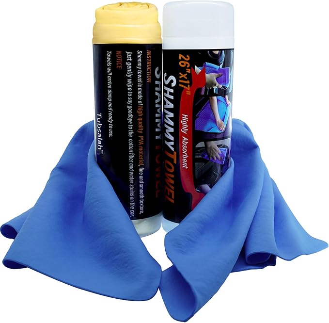 Tubsalah Premium Shammy Cloth for Car Drying - 2 Pack (26”x17”) - Super Absorbent Synthetic Chamois Bathroom,Pets, Dust Remove,- Reusable Non-Scratch Vehicle Dry Towel (Yellow & Blue)