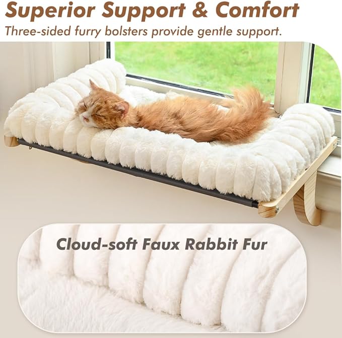 valigogo Cloud-Soft Cat Window Sill Perch with Zipper Designed Cushioned Bed, Supportive Cat Window Seat with Premium Solid Wood & Sturdy Metal Frame, Pet Hammock Bed for Large Cats (Medium, White)