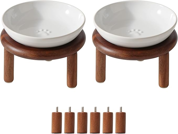 2 Sets of Elevated Ceramic Paw Print Cat Dish, Wide Whisker Friendly Anti-Slip Food & Water Bowl with 2 Heights Adjustable Acacia Wooden Stands(2 Dishes +2 Stands, White)