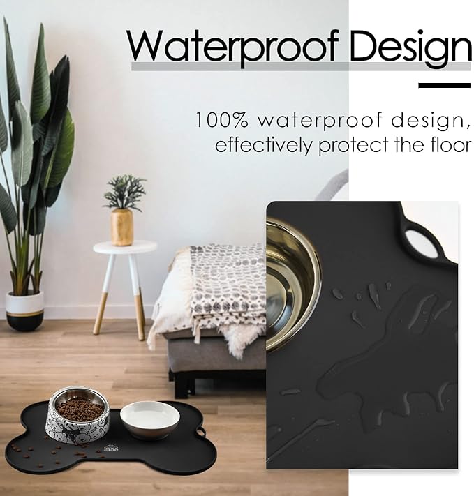 Super Design Dog Food Mat Dog Bowl Mat for Food and Water Silicone Non Spill Cat Feeding Mat Puppy Placemat Waterproof - 20.5" x 14.5", Black