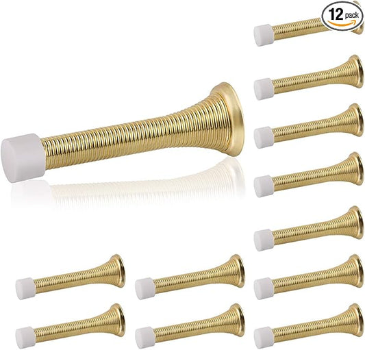 HOMOTEK 12 Pack Spring Door Stopper with Rubber Bumper 3-1/8" Flexible Spring Heavy Duty Wall Door Stop Low Mounted Door Bumper for Home (Bright Brass)