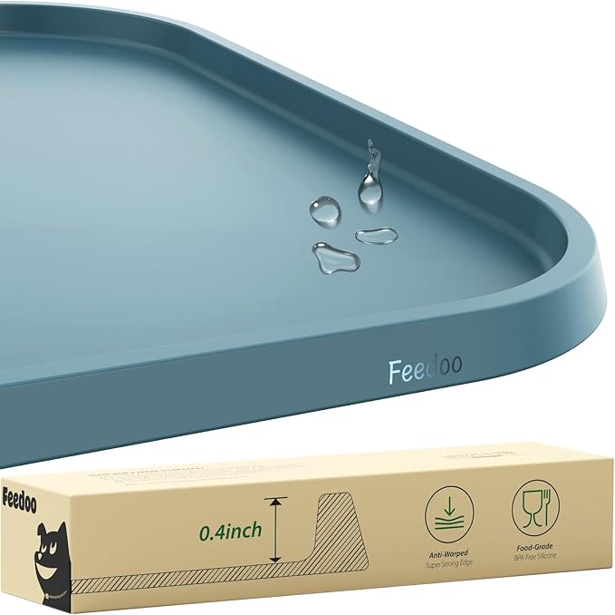 Pet Feeding Mat [Warped Resistant Raised Edge], Water-Proof Silicone Placement for Food Water Bowls, Anti-Slip Base Protect Floor, BPA-Free&Dishwasher-Safe [18.5x11.5inch Medium, Blue]