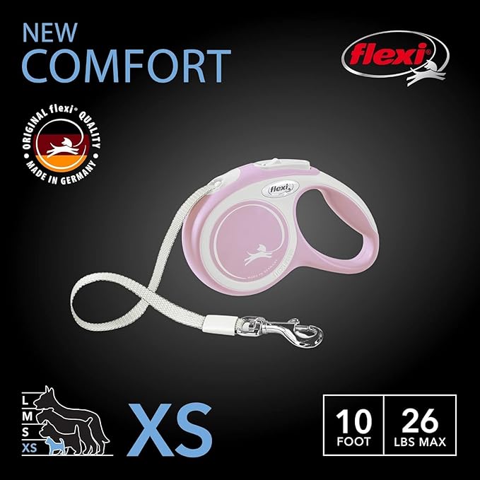 Flexi® New Comfort Tape Retractable Dog Leash for Small Dogs Upto 26 lbs. – 10 ft., Pink/Rose | Tangle Free Pet Walking Leash with One-Handed Brake, Pause, Lock |German Quality Product