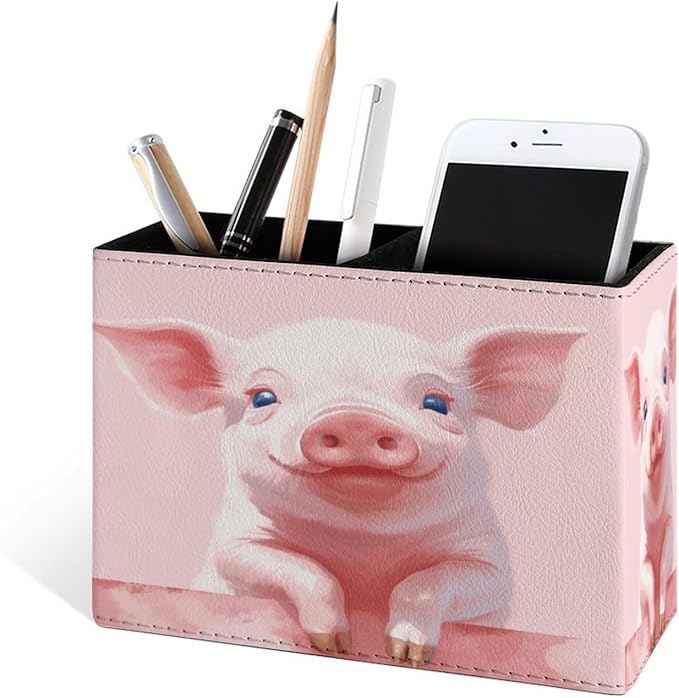 Famame Pink Watercolor Pig Pencil Holder for Desk, Leather Desktop Container Pen Cup Storage Study Table Pen Organizer Makeup Brush Holder for Classroom Office Home