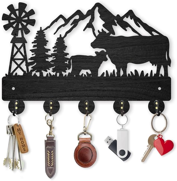 MAYJOYDIY Wall Mount Key Holder, Farmhouse Cow Design, 11.8x7.9 inch, 5 Alloy Hooks, Black Mountain Tree Decor