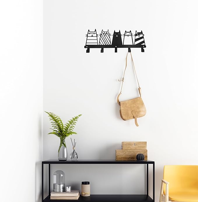 Aimery Metal Cat Coat Hooks Wall Art Decor – Chic Black Key Holder -Coat Hanger Wall Mount – Multipurpose Wall Hooks for Storage, Living Room, Hallway, Office (Black)