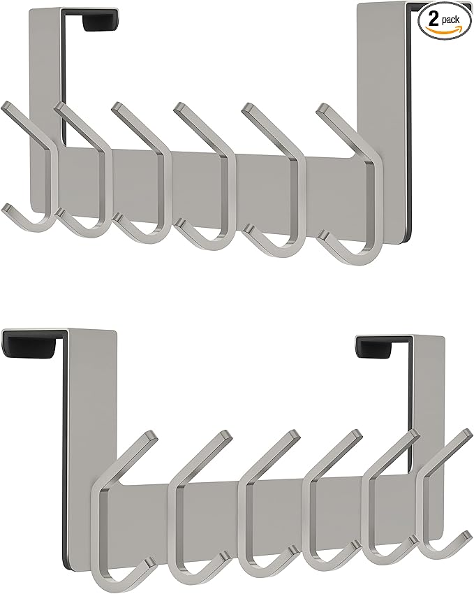 Brushed Nickel Over The Door Hooks, Heavy Duty Stainless Steel Door Hanger with 6 Double Hooks for Hanging Towels, Coats, Robes, Hats, Bags, No Drill Over Door Towel Rack for Bathroom, Bedroom, 2 Pack
